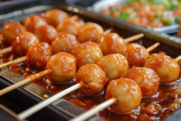 Hong Kong fish balls skewered and served in spicy curry sauce, popular
