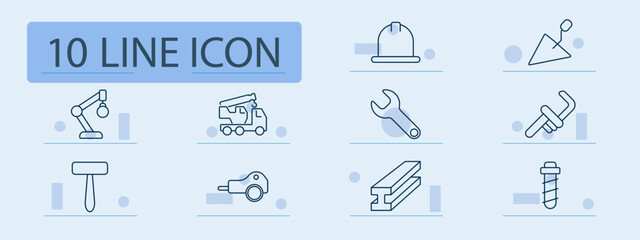 Engineering set icon. Robot arm, crane, helmet, wrench, trowel, clamp, hammer, saw, metal beam, screw, construction, machinery, worker, support, frame, fastener, steel, equipment