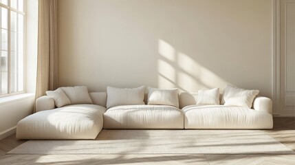 Fototapeta premium Neutral toned modern living room features a large sectional sofa