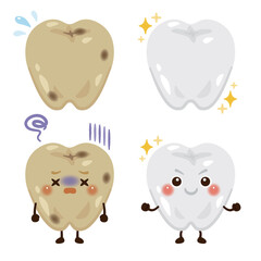 元気がない汚れた歯のキャラクターと元気でキレイな歯のキャラクター