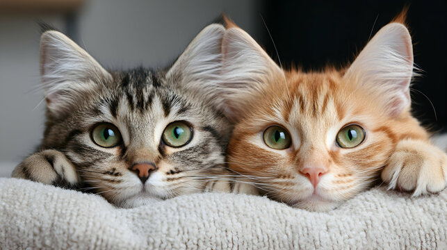 Two Adorable Kittens Resting on a Soft Beige Blanket