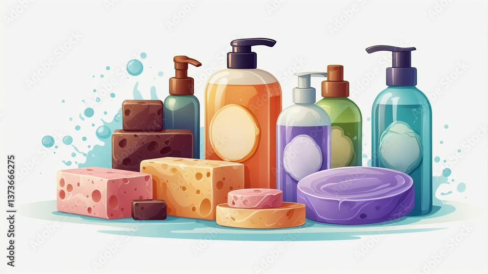 Poster colorful array of soaps and liquid cleansers arranged on a clean surface with bubbles and splashes i