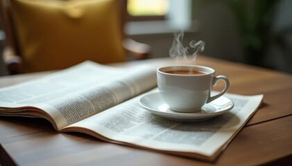 Close-up of a newspaper on a wooden table with a steaming cup of tea, reading, beverage