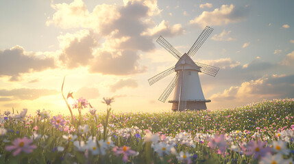 Tranquil rural landscape of a windmill set amongst a field of wildflowers at sunset. Beautiful and serene.