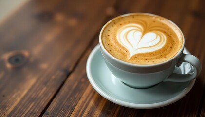 Close up of heart latte art on natural wood background, warm drink, drink, close up, coffee
