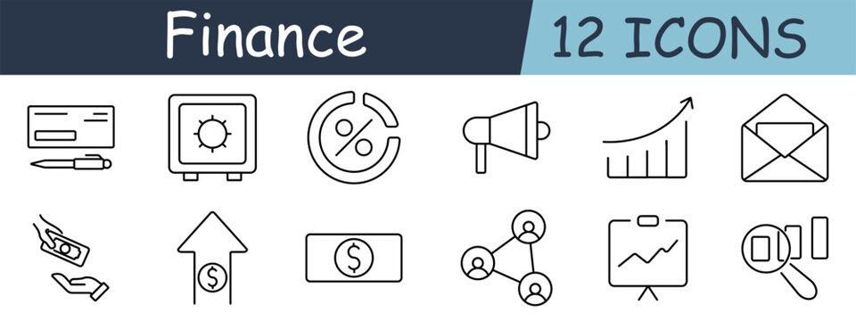 Finance set icon. Check, safe, percent, megaphone, growth, letter, cash, arrow, bill, network, chart, analysis