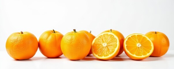 Close-up of juicy oranges in a row against white backdrop, background, citrus, nutritious
