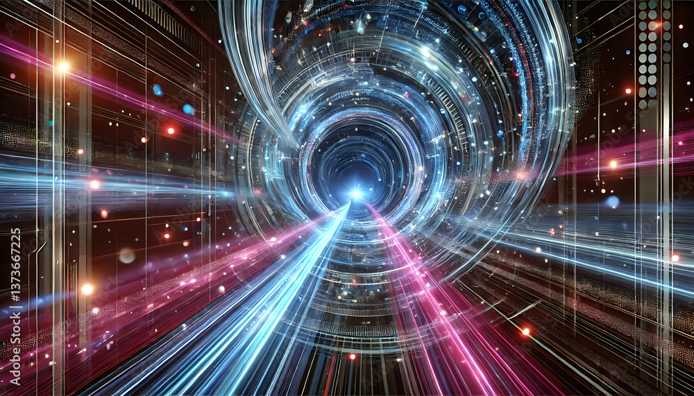 Poster a high-speed futuristic data tunnel with vibrant glowing light streams, symbolizing information tran