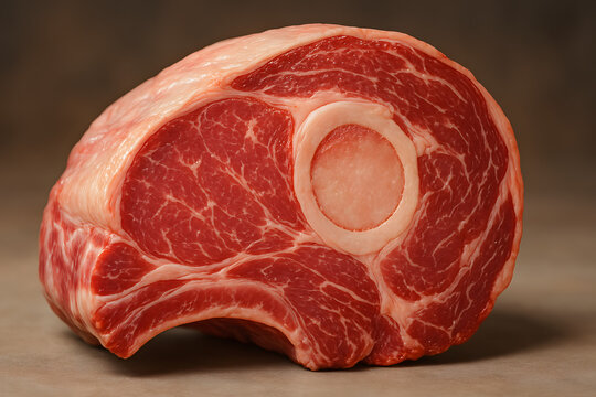 Raw Lamb Shank: A close-up shot of a raw lamb shank showcases its deep red color, marbling and bone, hinting at culinary possibilities and rich flavors.