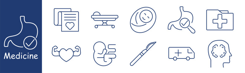 Medicine set icon. Stomach, report, stretcher, newborn, organ check, heart health, kidney, scalpel, ambulance, brain showing diagnosis, care, surgery, emergency, anatomy, treatment