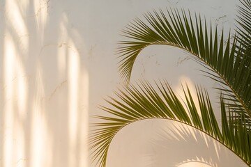 Obraz premium White wall background with stucco texture and big leaves. Palm plant leaves. Tropical and minimalist background.