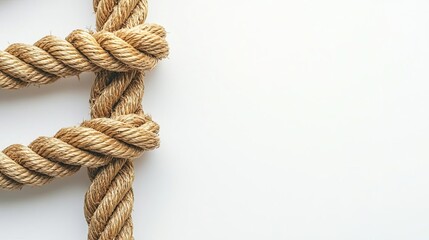 Business concept of idea, cooperation, teamwork and creative solution Close-up of twisted natural rope on white background.