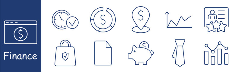 Finance set icon. Browser, time, pie, location, line chart, ID, lock, document, piggy bank, tie, statistics, expressing budget, security, professional, performance