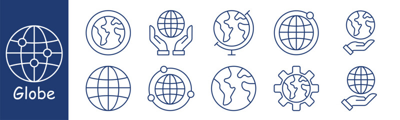 Globe set icon. Earth, hand, globe, gear, orbit, support, representing global network, environment, protection, communication, geography, connection, coverage, balance