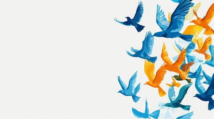 Obraz premium Business concept of idea, cooperation, teamwork and creative solution Colorful birds flying in vibrant patterns.