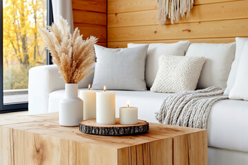 A white couch sitting next to a wooden table with three white candles on it