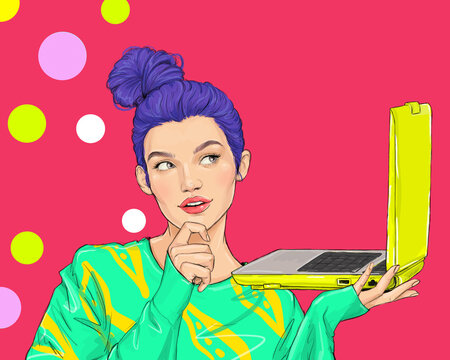 Thinking girl is working on laptop browsing internet with laptop in the hand in comic style. Woman in casual clothes holding laptop and thinking about something . Digital advertisement.