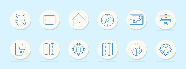 Travel set icon. Plane, ticket, house, compass, gps, map, shopping, navigation, direction, symbolizing tourism, journey, accommodation, orientation, explore