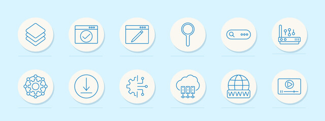 Internet set icon. Search, layers, editing, router, download, connection, access, interface, browsing, hosting, analysis, cloud, media, data, coding, network, signal