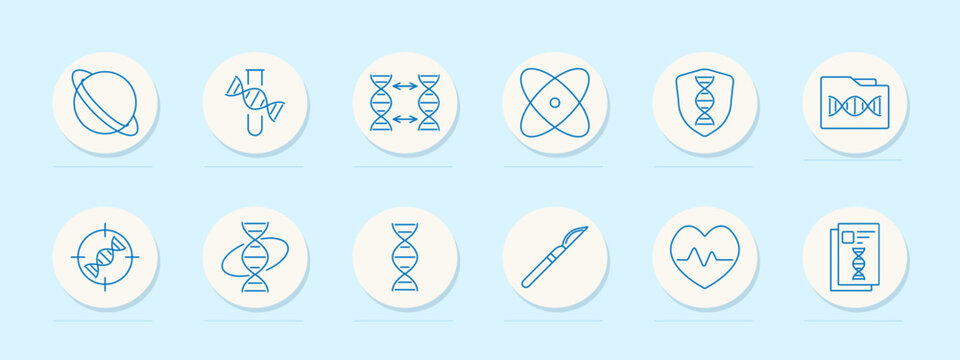 Genetics set icon. DNA, research, protection, molecule, atom, structure, heart rate, document, target, nucleus, folder, analysis, editing, medical, health, science, biology