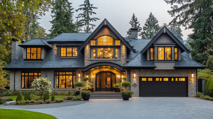 Naklejka premium Elegant detached house with garage and warm lighting amidst trees