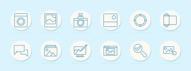 Photo editing set icon. Gallery, image, camera, frame, target, roll, comments, draw, web page, verification, hand, focus, photography, digital, magnifier, edit, screen
