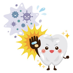 薬剤で細菌を排除して元気になる歯のキャラクターイラスト