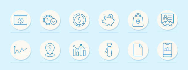 Banking and finance set icon. Browser, time, transaction, piggy bank, shopping, review, chart, location, analytics, tie, document, app, report
