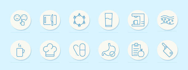 Healthy lifestyle set icon. Mood, cutlery, community, glass, juicer, skin, tea, chef, pills, stomach, clipboard, cleaver