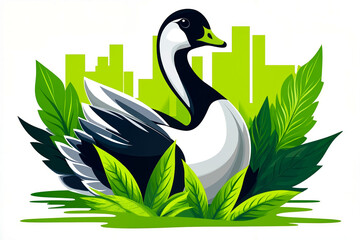 Obraz premium A black and white duck sitting in the grass with a city in the background