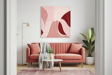 Curved lines in soft pink and red hues create an abstract aesthetic. This vibrant artwork conveys a sense of movement and fluidity, ideal for modern decor.