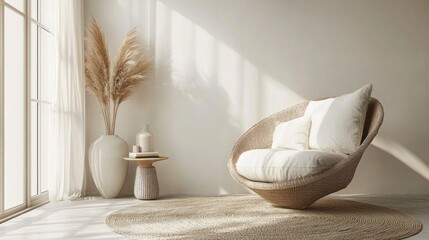 Minimalist interior features a chair vase table and light