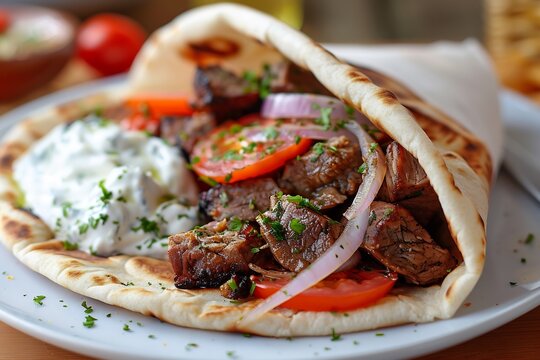 Fototapeta Greek gyro wrap filled with grilled meat, tomato, onion, and tzatziki in soft pita bread, served on street