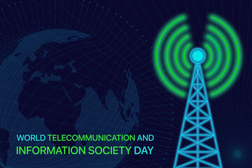 World Telecommunication and Information Society Day vector art. Neon-style telecommunication tower stands against a world map backdrop. Digital awareness theme.