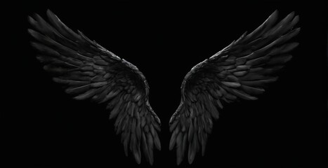 Symmetrical black angel wings with glossy finish on black background, minimalistic design with no extra details.