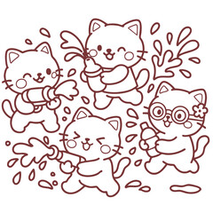 Cute cartoon cats playing water in Songkran festival