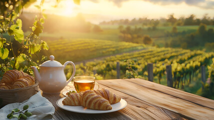 Vineyard breakfast with tea and croissants, set against a bright morning backdrop. Serene and inviting.