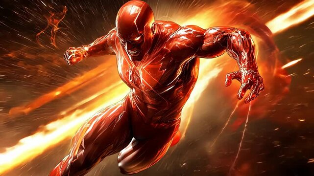 Dynamic superhero sprinting at high speed through a fiery landscape during an intense action sequence