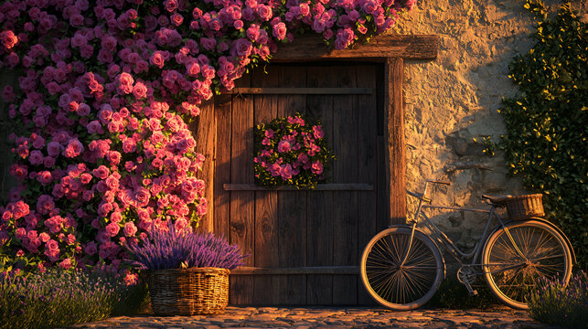Rustic Doorway: Roses, Lavender, and Vintage Bicycle create a serene and picturesque countryside scene.