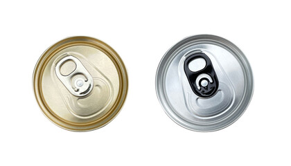 can of beer isolated,Gold and silver colored beverage can lids.