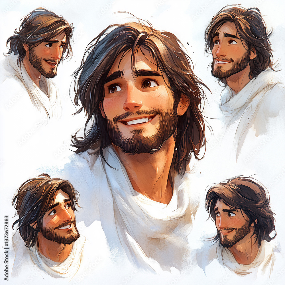 Aufkleber expressions of joy and warmth from a young man with a beard and flowing hair captured in multiple sk