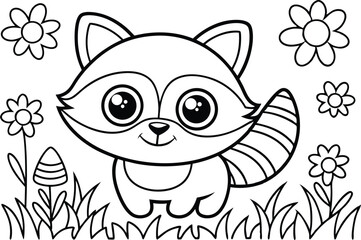 Cartoon Raccoon with Flowers and Mushroom in Line Art on Transparent Background