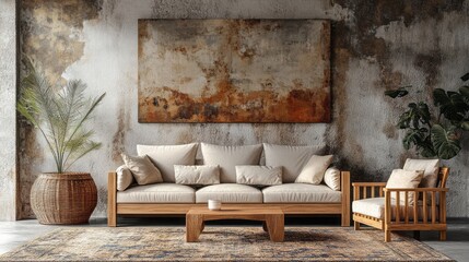 Living room showcases modern furniture against a textured wall
