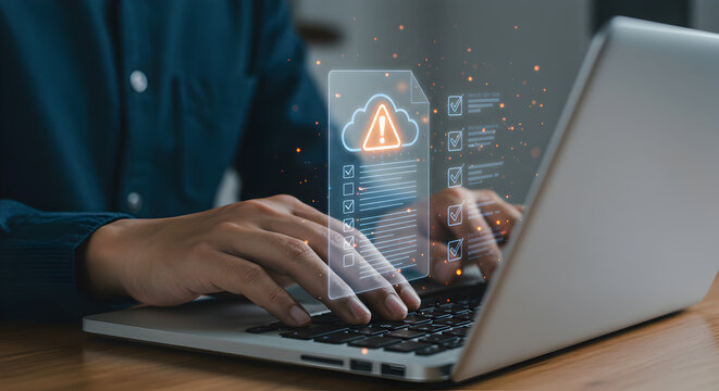 Person using laptop with cloud warning and checklist graphic overlay on wooden desk surface