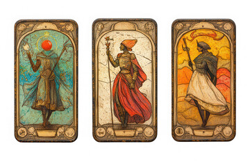Three Vintage Tarot Cards with Women Figures on Transparent Background Generative AI
