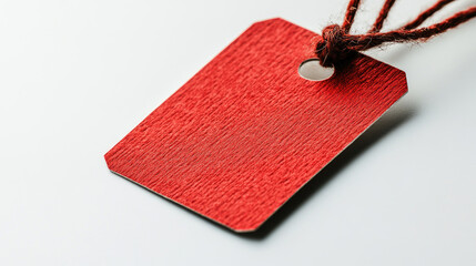 Close-up of a blank red paper tag with a twine string on a clean white background, ideal for eco-friendly product labeling, price tags, or branding mockups. Copy space. Banner style composition