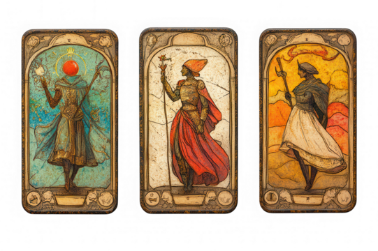 Three Vintage Tarot Cards with Women Figures on Transparent Background Generative AI