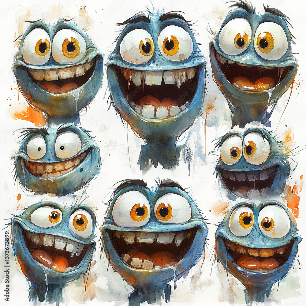 Poster colorful illustrations of cartoon characters showcasing various expressions and emotions in playful 