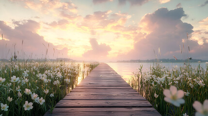 A tranquil scene unfolds, with a wooden boardwalk stretching across a serene lake at sunset. Flowers abound.