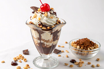 Vanilla Ice Cream Sundae with Chocolate Syrup, Nuts, and Cherry
